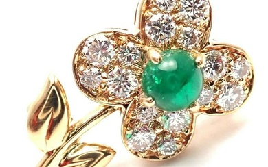 Authentic! Van Cleef & Arpels 18k Yellow Gold Diamond Emerald Flower Pin Brooch