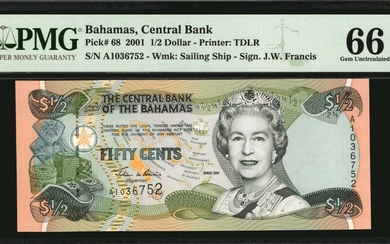 BAHAMAS. Lot of (2). Central Bank of the Bahamas. 1/2 & 1 Dollar, 2001-02. P-68 & 70. PMG Gem Uncirculated 66 EPQ.