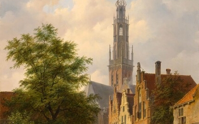 BARTHOLOMEUS JOHANNES VAN HOVE(1790 La Haye 1880)Vue de la Bakenesserkerk de Haarlem. 1845.Huile sur bois....