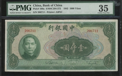 <B>Bank of China,<P> 1000 yuan, Year 31(1942), serial number 206711, (Pick 100a), <I>PMG 35 Cho...
