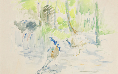 BERTHE MORISOT Autruches et Paons au Jardin d'Acclimatation. Watercolor, 1884. 237x313 mm; 9...
