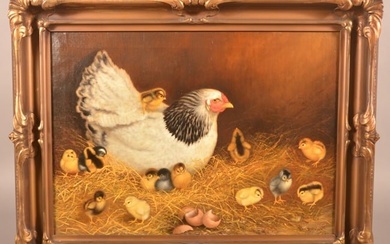 Ben Austrian Hen and Chicks Oil Painting.