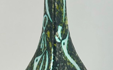 Bottleneck vase with white and mottled green glaze modernist bird design.