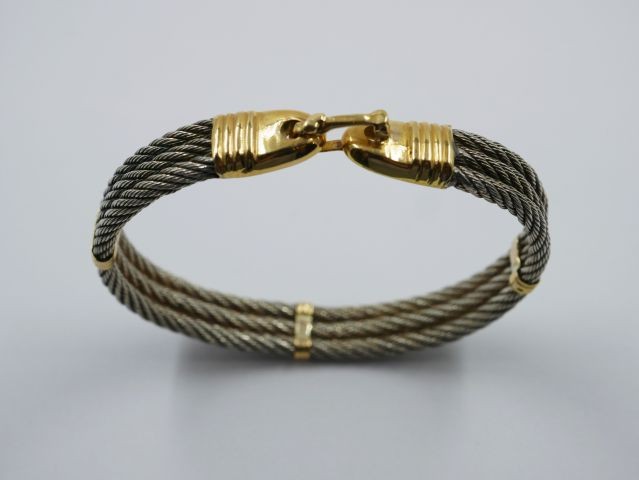 Bracelet en or jaune 18k et câble d'acier style Fr…
