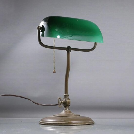 Brass Adjustable Banker's Lamp Green Cased Glass Shade