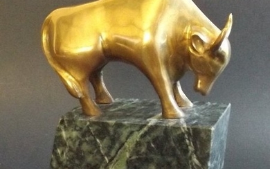 Brass Bull Sculpture, Green Marble Base Bookend