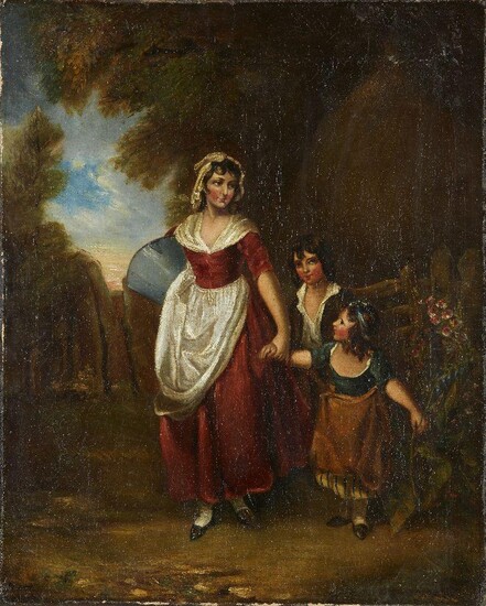 British School, early-mid 19th Century- A mother walking with two children on a summer's day; oil on canvas, 51 x 40.5 cm., stamped 'J. HARVEY. / Catherine S / STRAND / LONDON' on the reverse, (unframed). Provenance: Private Collection, UK.