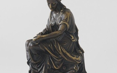Bronze sculpture on marble base, 19th/20th century, Writing woman (Clio?), h. 19 cm.