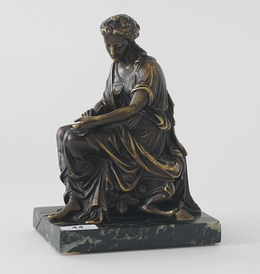 Bronze sculpture on marble base, 19th/20th century, Writing woman (Clio?), h. 19 cm.