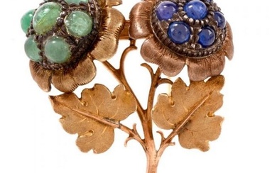Buccellati Vintage Emerald Sapphire Yellow Gold Floral Pin Brooch