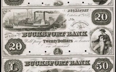 Bucksport, Maine. Bucksport Bank. $3-$20-$50-$100. October 10, 1854. Choice About Uncirculated.
