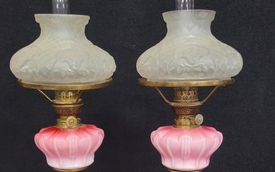 C 1850's Pink Cased Glass Pair of Peg Oil Lamps with satin glass mushroom upper shades. These Early