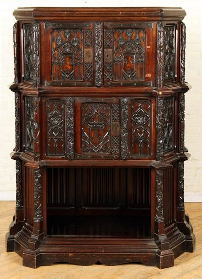 CARVED MAHOGANY GOTHIC STYLE CABINET C.1900