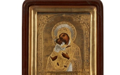 CASED RUSSIAN ICON, OUR LADY OF VLADIMIR 19TH CENTURY