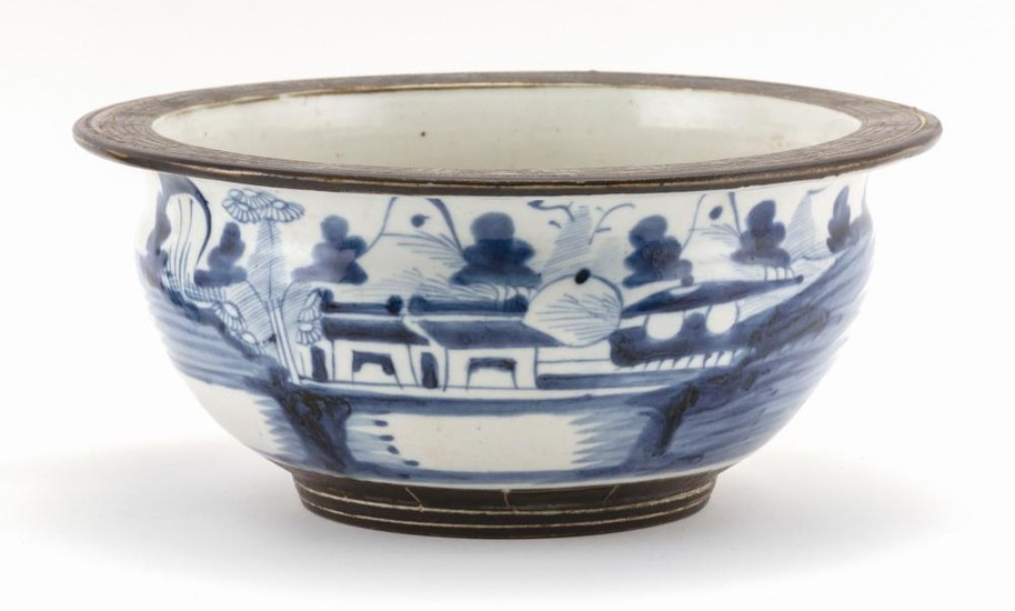 CHINESE BLUE AND WHITE PORCELAIN JARDINIÈRE In ovoid form, with a flared rim and landscape decoration. Diameter 10.75".