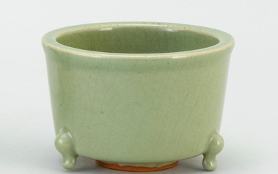 CHINESE CELADON STONEWARE CENSER Cylindrical, with a tripod base. Diameter 5".