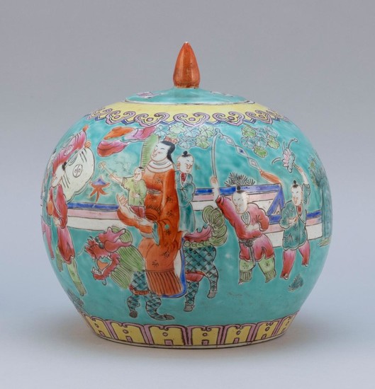 CHINESE FAMILLE ROSE PORCELAIN COVERED GINGER JAR Globular, with processional decoration on a turquoise blue ground. Worn four-chara...