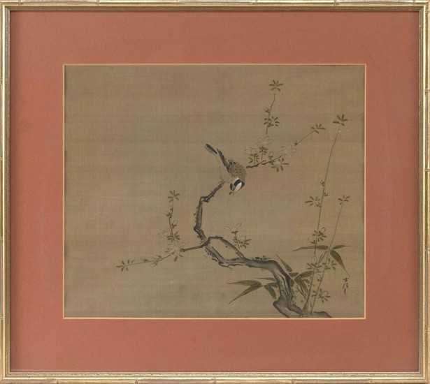 CHINESE PAINTING ON SILK Depicting a songbird on a flowering tree branch. Signed lower right. 12" x 14.5" sight. Framed. Purchased i...