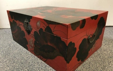 CHINESE RED LACQUER BLANKET CHEST, H 15.25", L 36"
