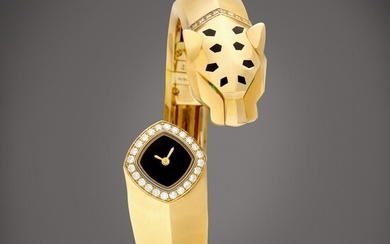 Cartier La Panthère, Reference HPI01342 | A yellow gold, diamond and tsavorite garnet-set bangle watch, Circa 2015 | 卡地亞 | La Panthère 型號HPI01342 | 黃金鑲鑽石及沙弗萊石手鐲腕錶，約2015年製