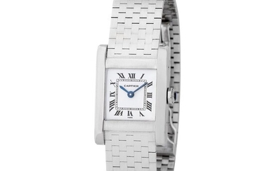 Cartier Paris. Very Attractive Tank Rectangular-Shape Wristwatch in White Gold, integrated Bracelet, and Black Roman Numbers Dial