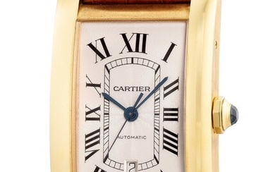 Cartier, Ref. W2609756 A fine, attractive and extra large yellow gold rectangular-shaped wristwatch with center seconds, date, warranty and box