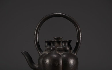 China - Cast iron teapot, calligraphic poem, Ming mark under...