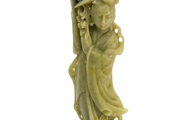 Chinese Carved Green Stone Figurine- Woman Holding Vase