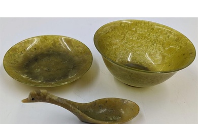 Chinese Carved Jade Bowl, Plate, And Spoon