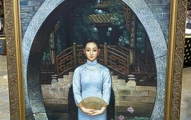 Chinese Oil Painting on Board Depicting a Woman