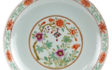 Chinese porcelain shallow dish hand painted in the famille r...