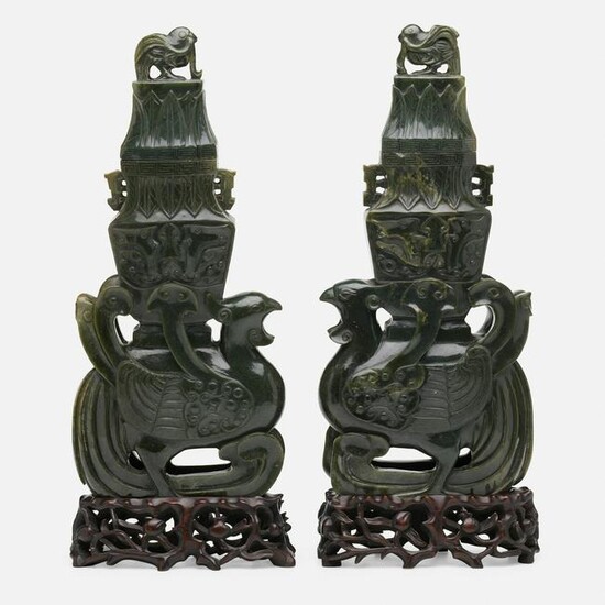 Chinese, spinach green jade archaistic 'Phoenix' vases