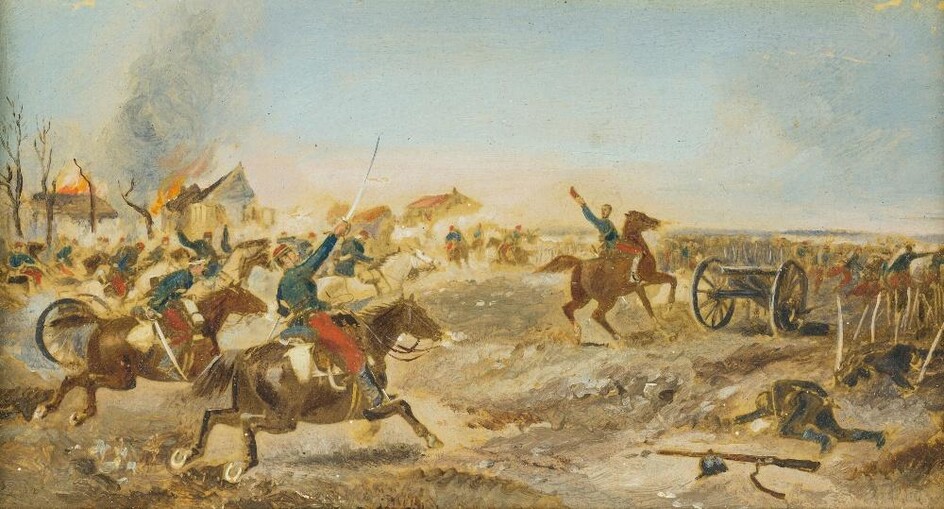 Circle of Paul Louis Narcisse Grolleron, French 1848-1901- Cavalry battle scenes; oils on paper laid down on board, each 7 x 13.2 cm, two (2). Provenance: Private Collection, UK.