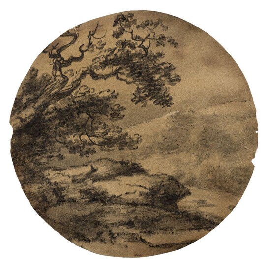 Circle of Thomas Monro, British 1759-1833- Landscape sketch with a tree in the left foreground; black chalk and grey wash on paper laid down on card, tondo, diameter 25.2 cm.