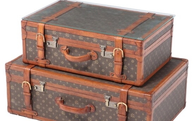 Coated Canvas and Leather Luggage Suitcase Table with Glass Top
