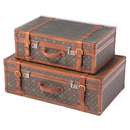 Coated Canvas and Leather Luggage Suitcase Table with Glass Top