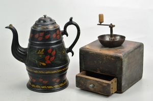 Coffee Grinder and Toleware Coffee Pot