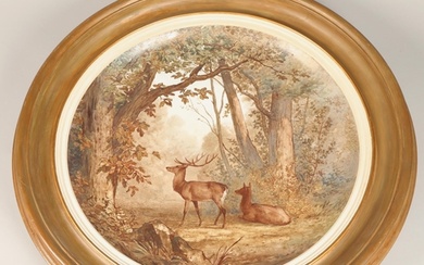 Continental hand painted ceramic wall charger, framed, "Deer...