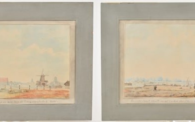 Cornelis Pronk. Dutch. 2 old master drawings of Amsterdam. 1) Colored landscape with famous
