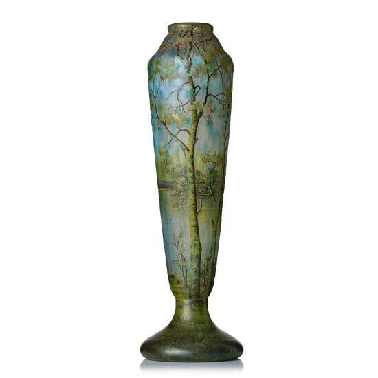 Daum, an Art Nouveau enamel painted cameo glass landscape vase.