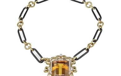 David Webb Large Topaz And Diamond Pendant On A Black Enamel Link Necklace