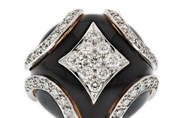 David Webb Platinum & 18K Yellow Gold Black Enamel Diamond Bombe Ring