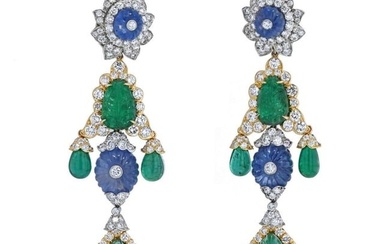 David Webb Platinum & 18K Yellow Gold Girandole Carved Emerald And Diamond Dangle Earrings