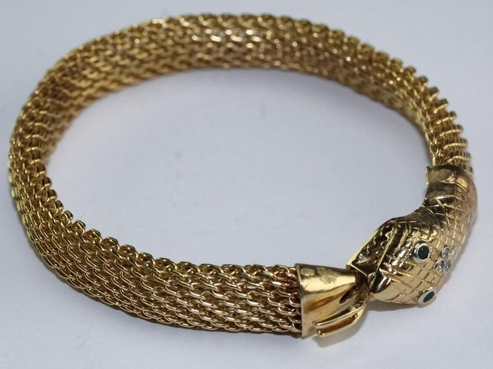 Designer 14K Gold Diamond & Emerald Snake Bracelet