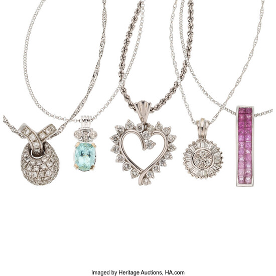 Diamond, Multi-Stone, Gold Pendant-Necklaces The lot includes a pendant...