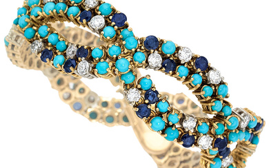 Diamond, Sapphire, Turquoise, Platinum, Gold Bracelet Stones: Full-cut diamonds...