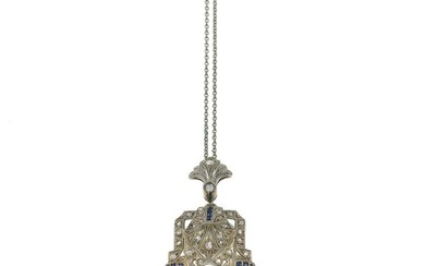 Diamond, synthetic sapphire and gold pendant/brooch