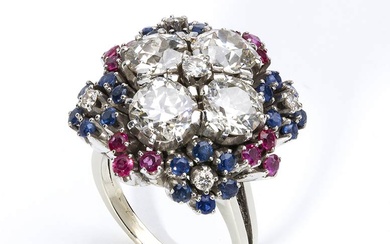 Diamonds, rubies and sapphires gold flower ring 18k white gold,...