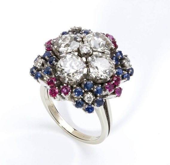 Diamonds, rubies and sapphires gold flower ring 18k white gold...