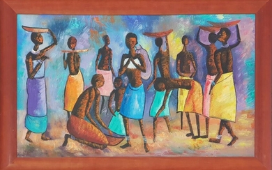 Digna, "African Village Feast Scene" oil on canvas board, 55.5 x 94 cm (frame: 108 x 69 x 3 cm), signed lower left